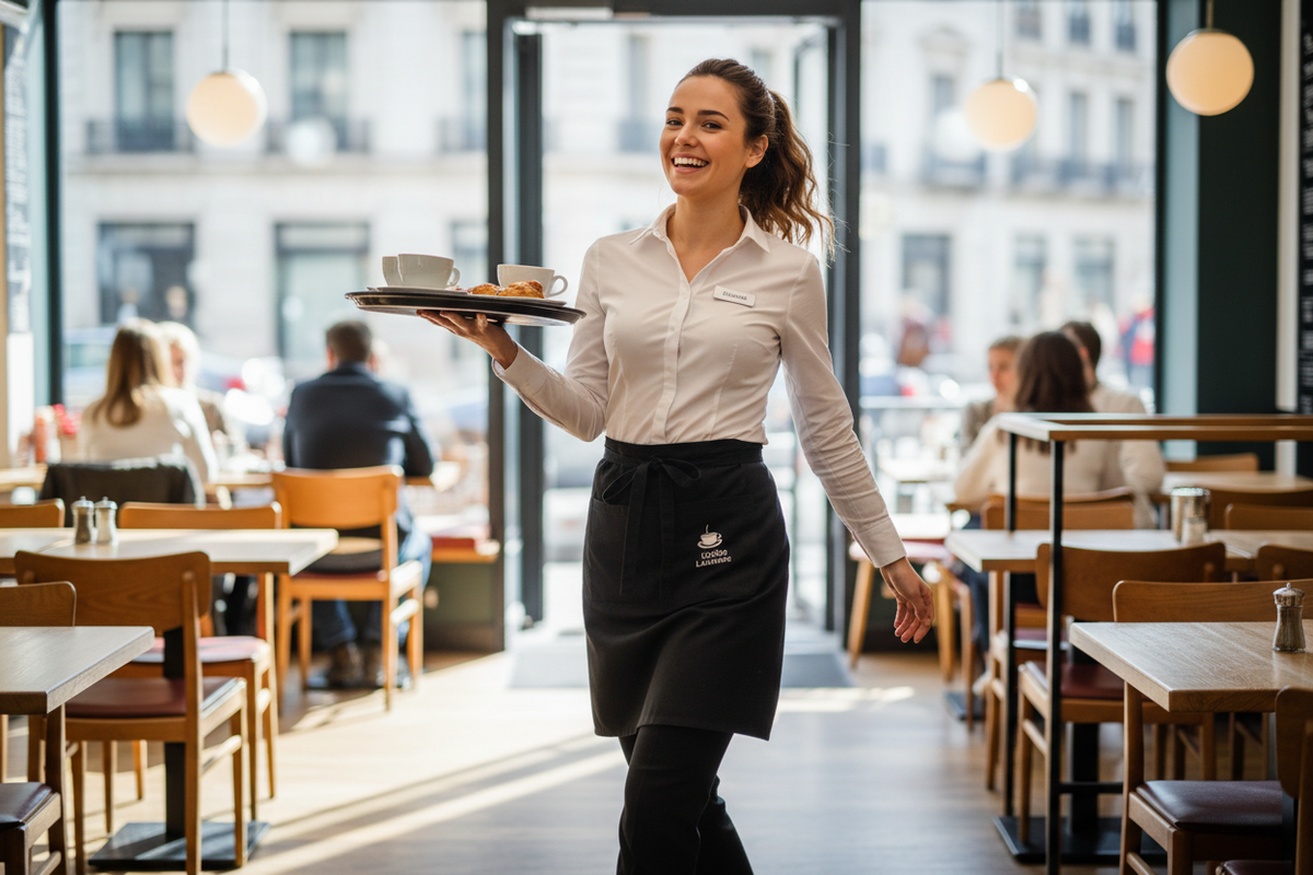 Cameriera camicia bianca e pantaloni neri classici, simpatica, carina e sorridente. Posa dinamica