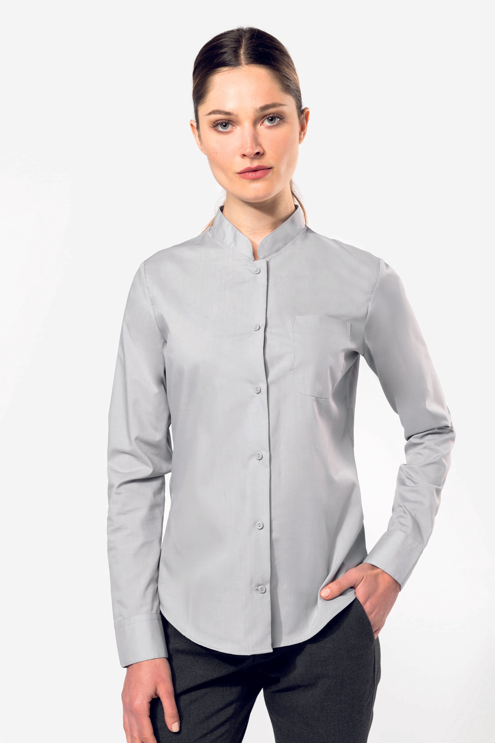Camicia donna popeline policotone collo alla coreana facile da lavare K514