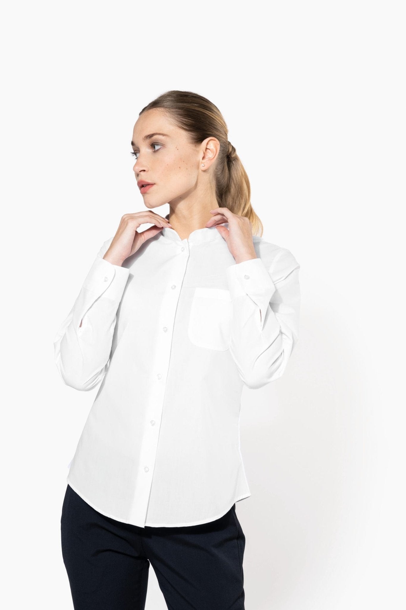 Camicia donna popeline policotone collo alla coreana facile da lavare K514 - Westrose SRL - Abbigliamento da Lavoro Personalizzato