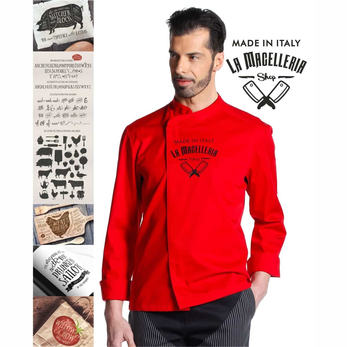 Abbigliamento da lavoro macelleria-giacca-rossa-abbigliamento-macelleria-personalizzato