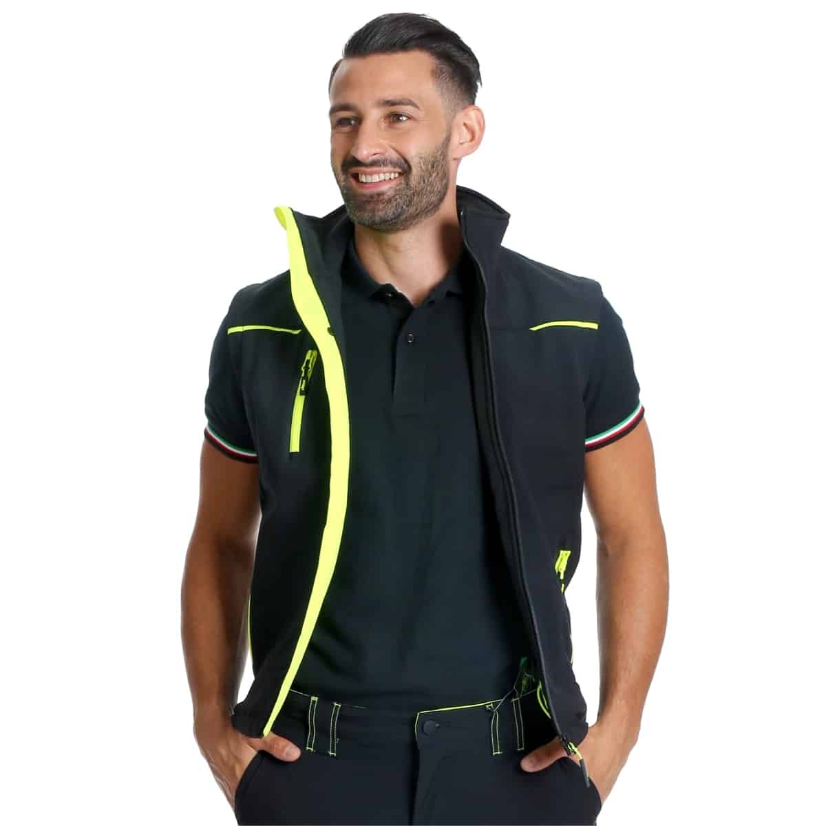 Gilet da lavoro U-Power Universe in softshell nero giallo - Sconti forniture