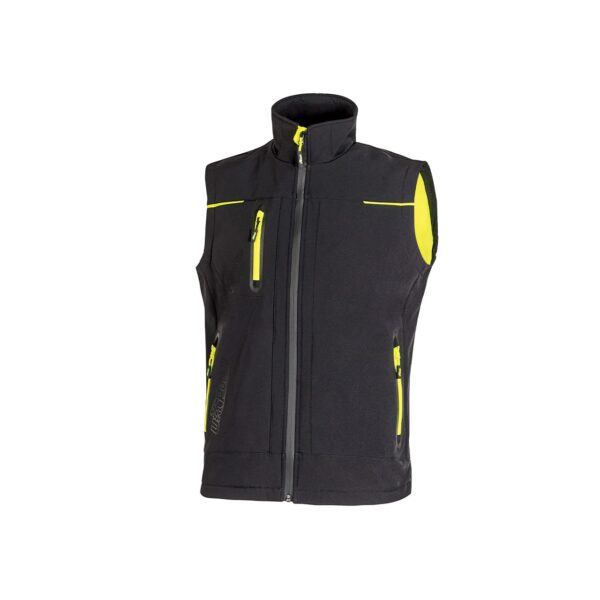 Gilet da lavoro U-Power Universe in softshell nero giallo