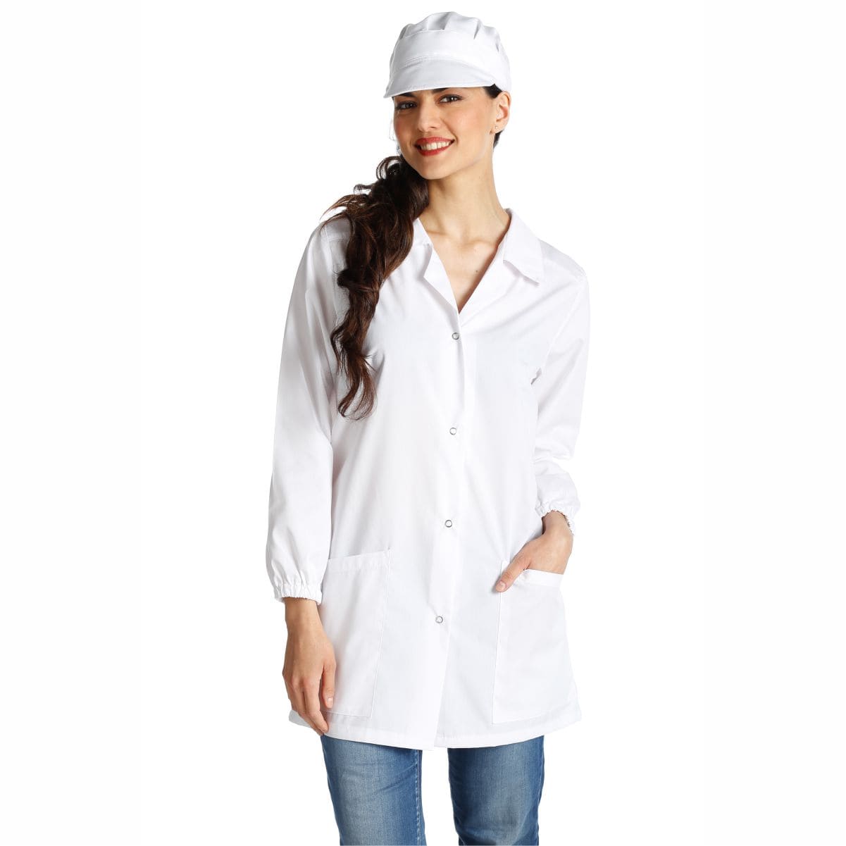 Camice da lavoro donna,giromanica,casacca per operaia,Maestra, Imprese  Pulizia, Grembiule per fruttivendolo,gastronomia (S, Bianco riporto  fuchsia) : : Moda